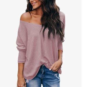Albe Rita Casual V-Neck Batwing Sleeve Pullover Tops.